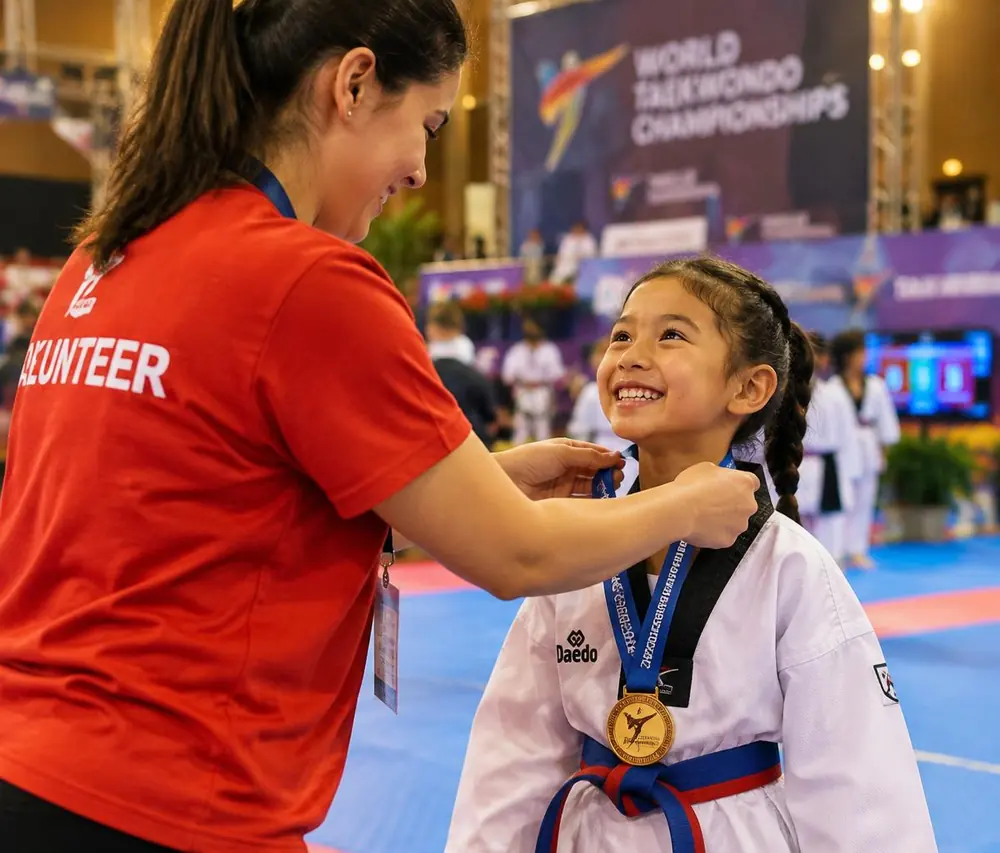 A volunteer handing a medal to a young athlete